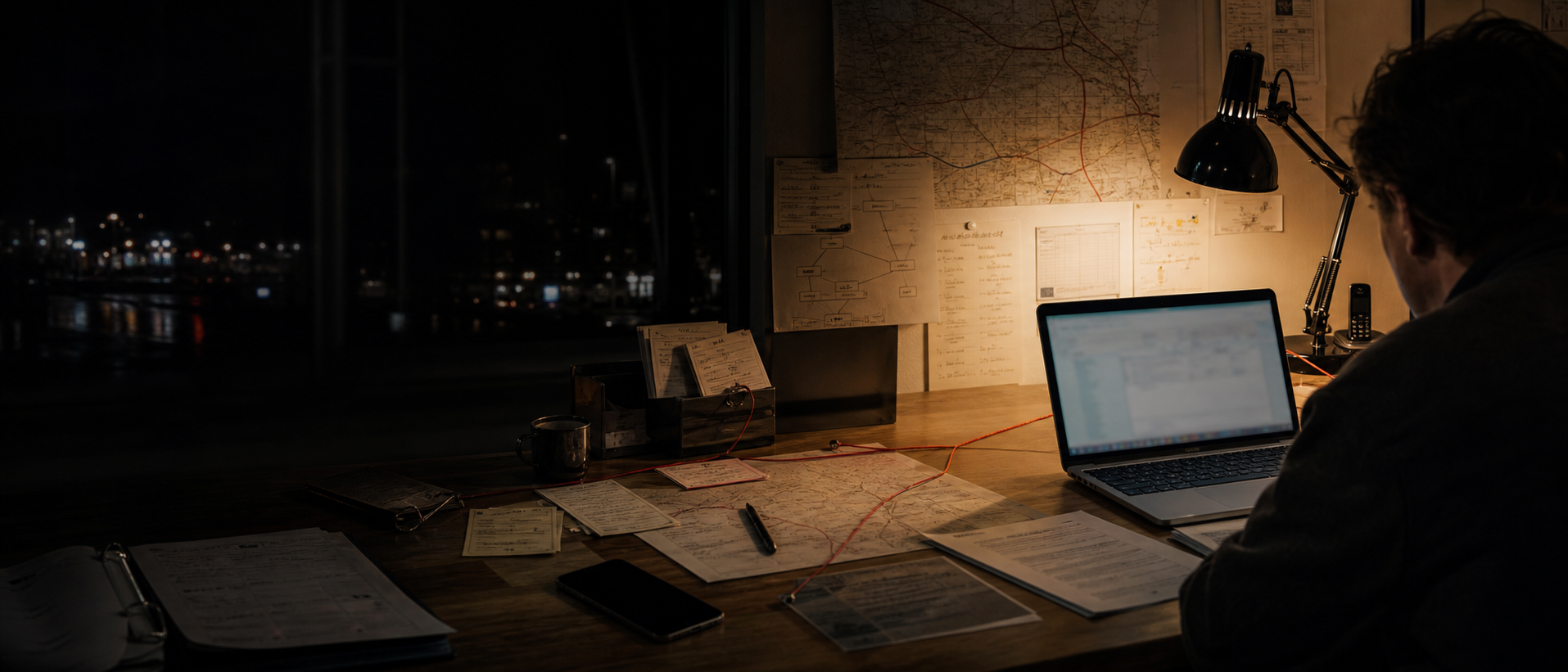 A night operations desk with paper maps, process notes, a laptop, a lamp, and a red thread connecting the work.